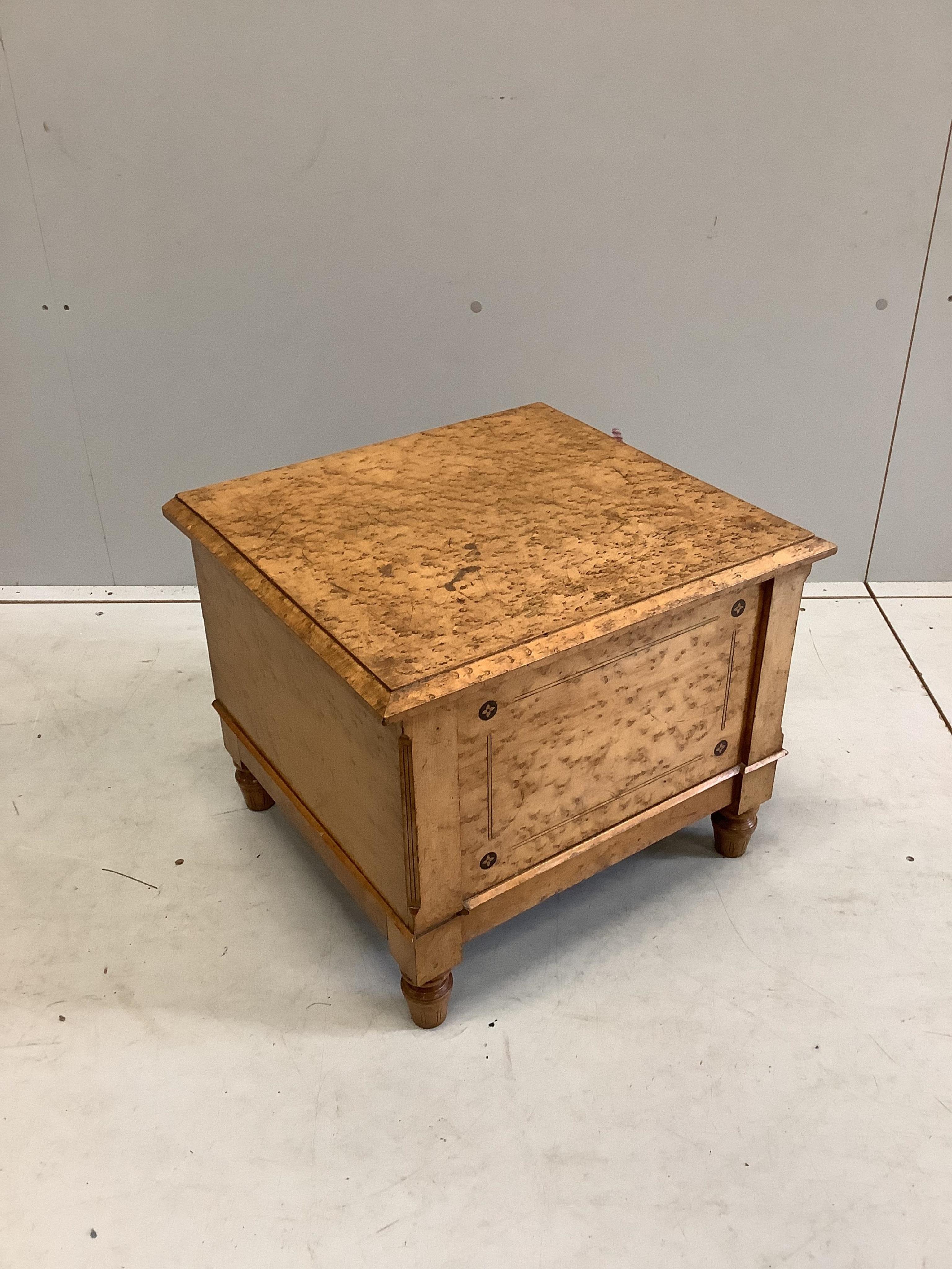 A late Victorian Gothic revival ebony inlaid, bird's eye maple bedroom suite, manner of Charles Bevan, comprising 5ft bed frame, kneehole dressing table, chest of drawers, marble top washstand, bedside cabinet, commode a